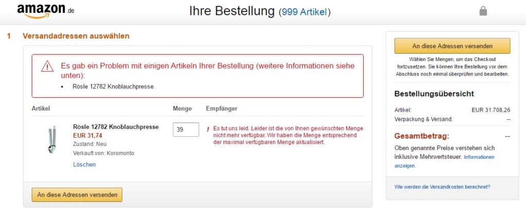 Warenkorb Übersicht bei Amazon